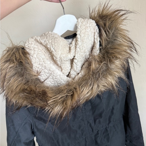Abercrombie & Fitch Sherpa Lined Long Line Anorak Coat Faux Fur Trim Black Small - Picture 11 of 14